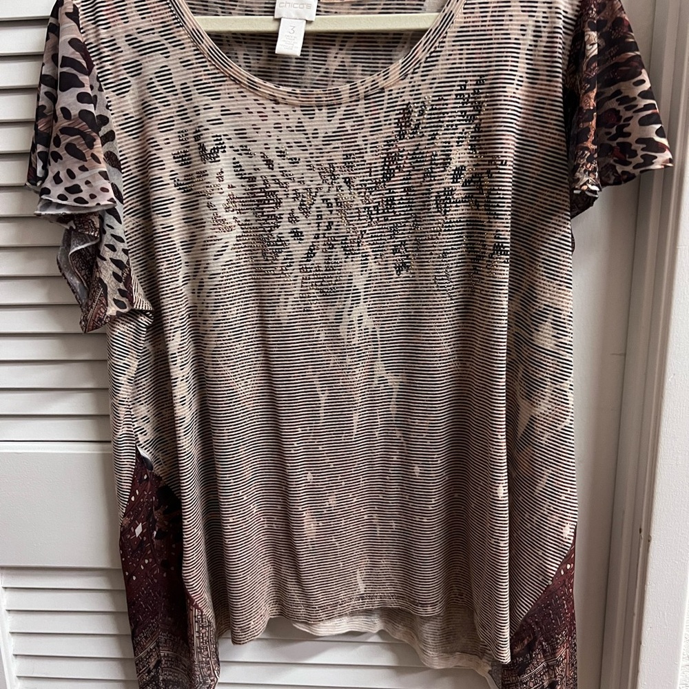 Chico's Animal Print Short Sleeve Top - Brown and Cream